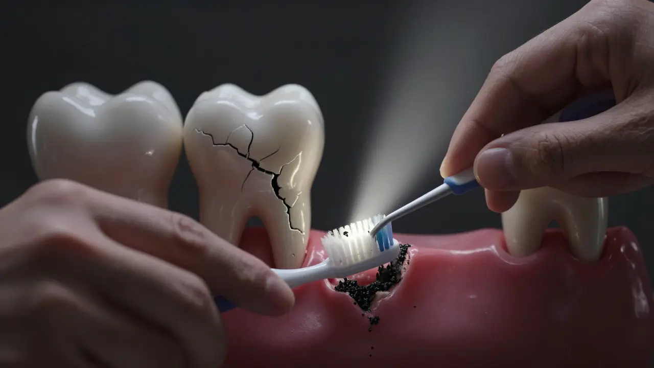 Hand holding toothbrush beside a crumbling tooth covered in black tartar, symbolizing neglect and professional care.