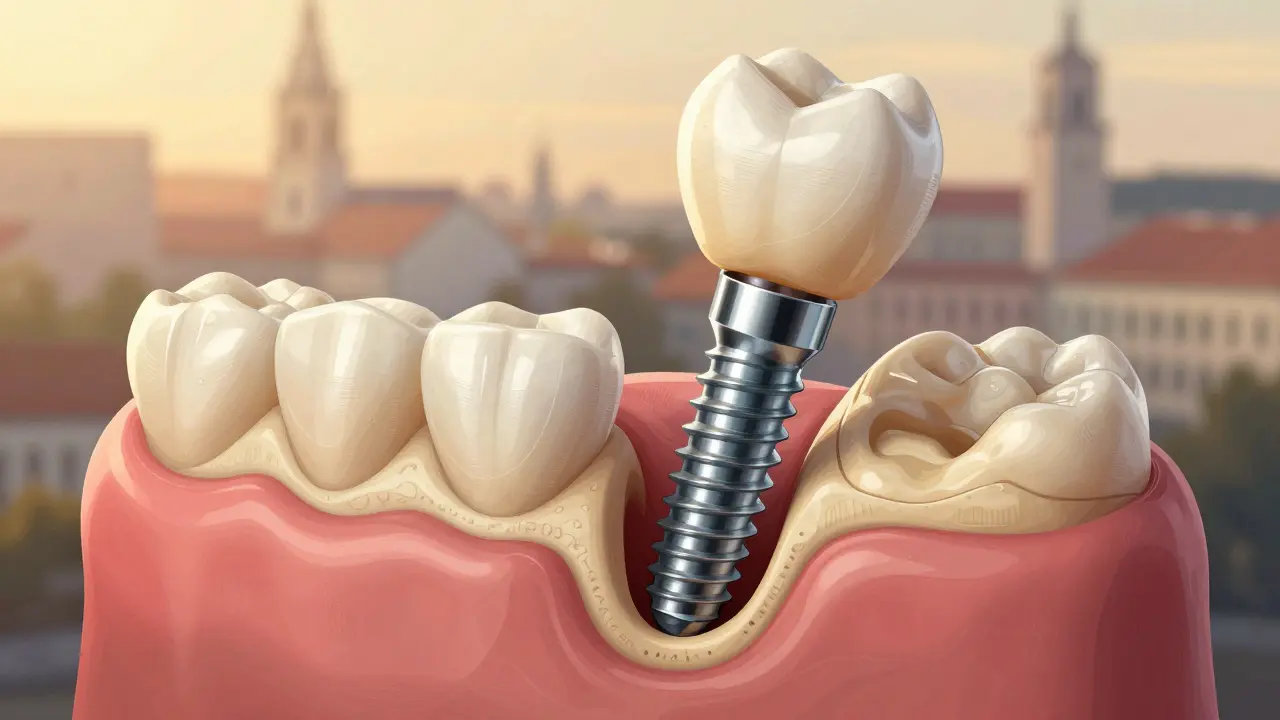 Implant screw being placed into jawbone with ceramic crown above.