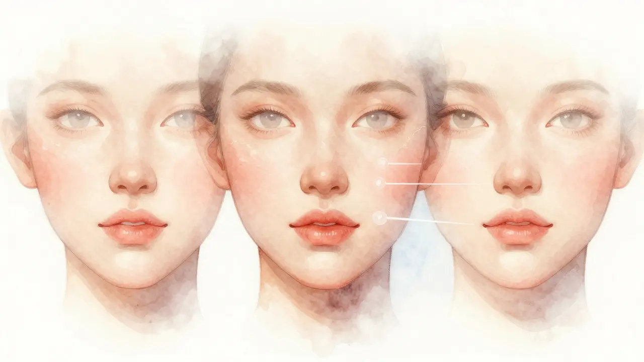 Jemný vodový náčrt tří oblastí obličeje s jemnými proužky hyaluronové kyseliny, které se slévají s přirozenými rysy.