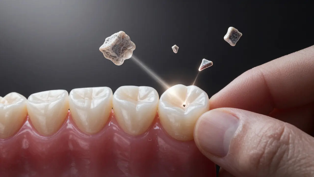 Keramická fazeta přilepená na zub s mikroskopickými prvky lepidla a světla