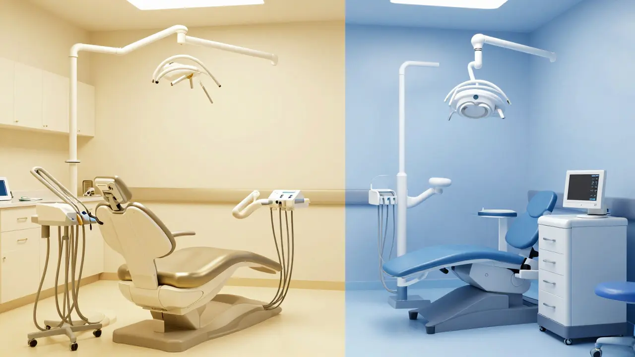 Kontrast soukromé a veřejné zubní praxe v jedné scéně.