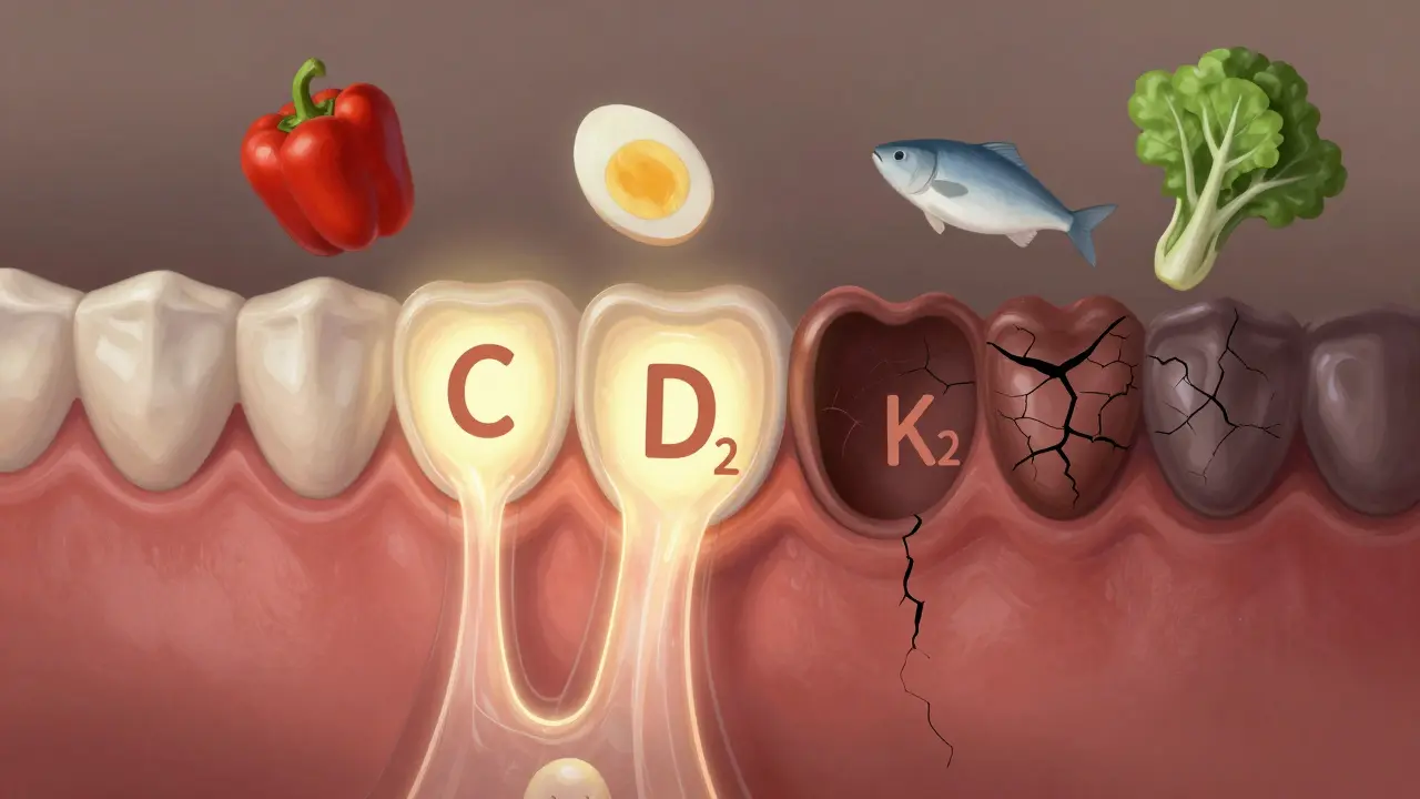 Křížový řez zdravých a nemocných dásní s proudy vitamínů, doprovázenými potravinovými symboly.