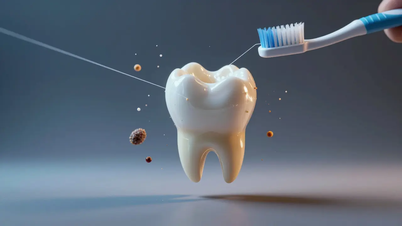 Metalokeramická korunka s částicemi plaku a bakterií, čištěná zubní nití.