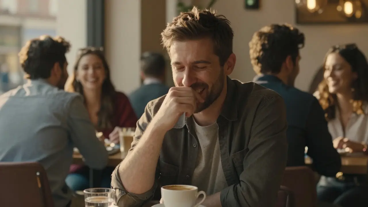 Muž v kavárně se snaží usmát, ale jeho ruka stále zakrývá zuby, zatímco kolem něj lidé volně smějí.