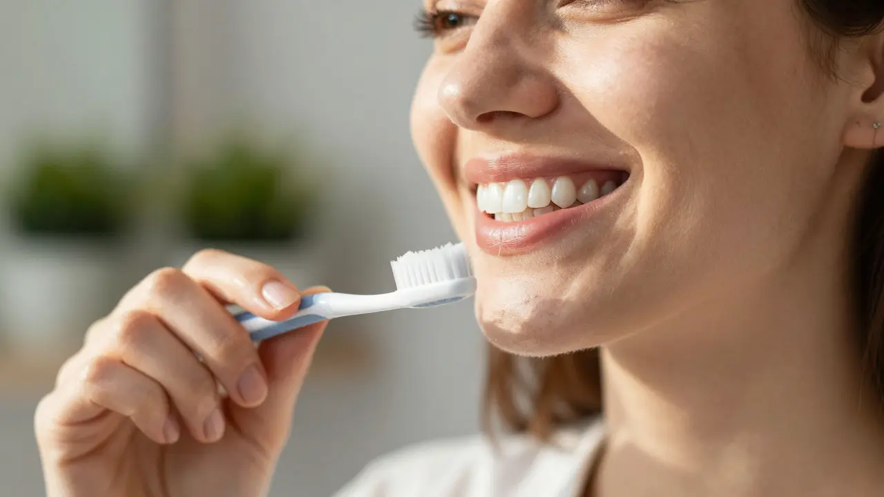 Pacient čistí zuby s celokeramickými fazetami