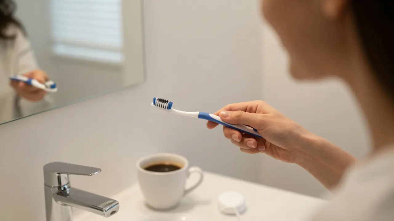 Pacient pečlivě čistí zuby po instalaci fazet s jemným kartáčkem.