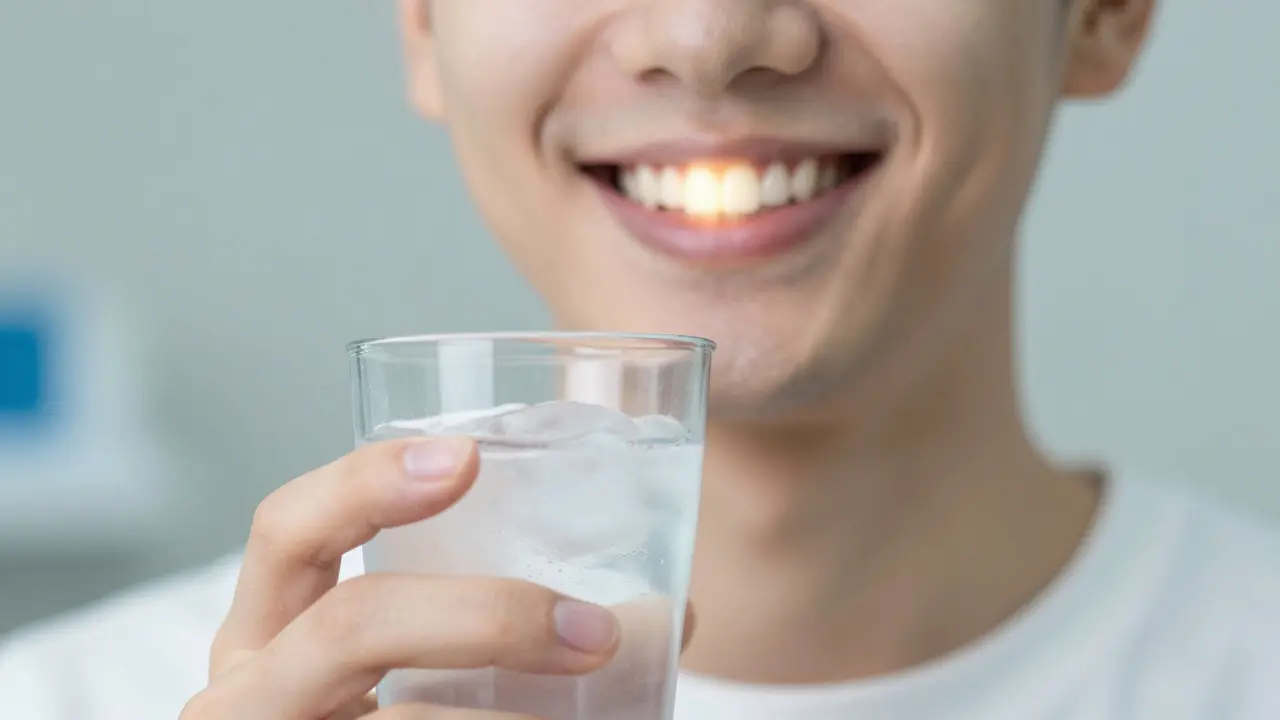 Person smiling confidently while holding ice water, symbolizing relief from tooth sensitivity.