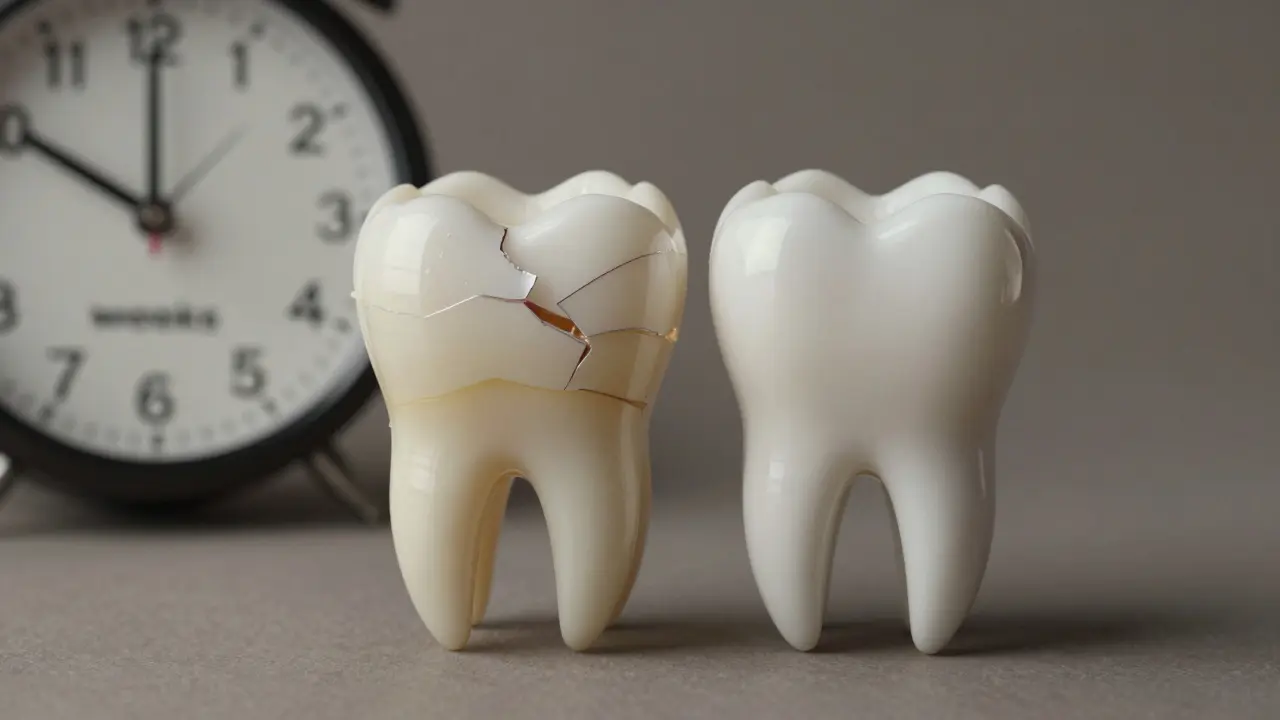 Porovnání poškozeného zubu s tenkou emalí a zdravého zubu, s hodinami ukazujícími následky příliš častého bělení.