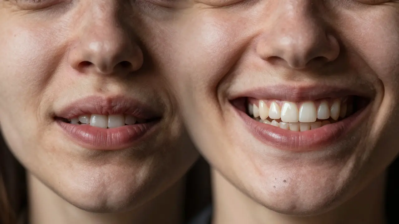 Porovnání úsměvu s a bez zadních zubů — vliv na tvářový výraz.