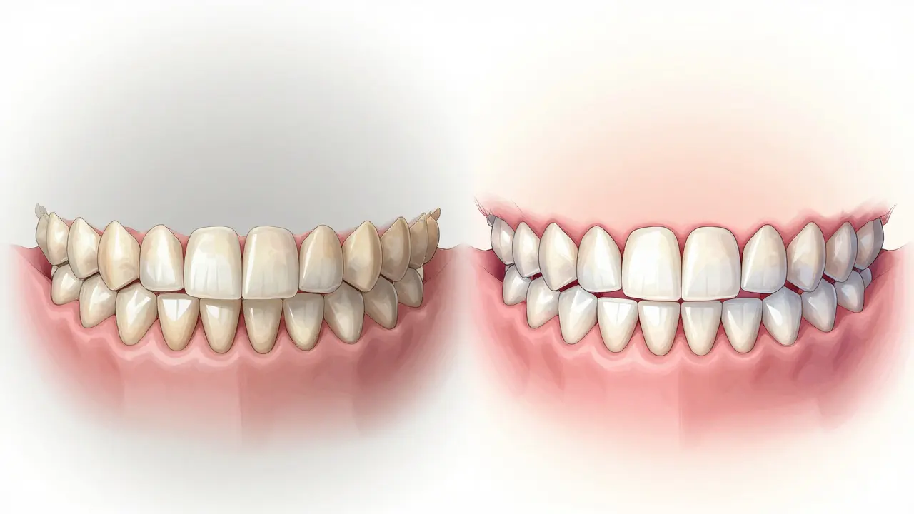 Před a po: zuby před a po aplikaci fazet s výrazným zlepšením vzhledu