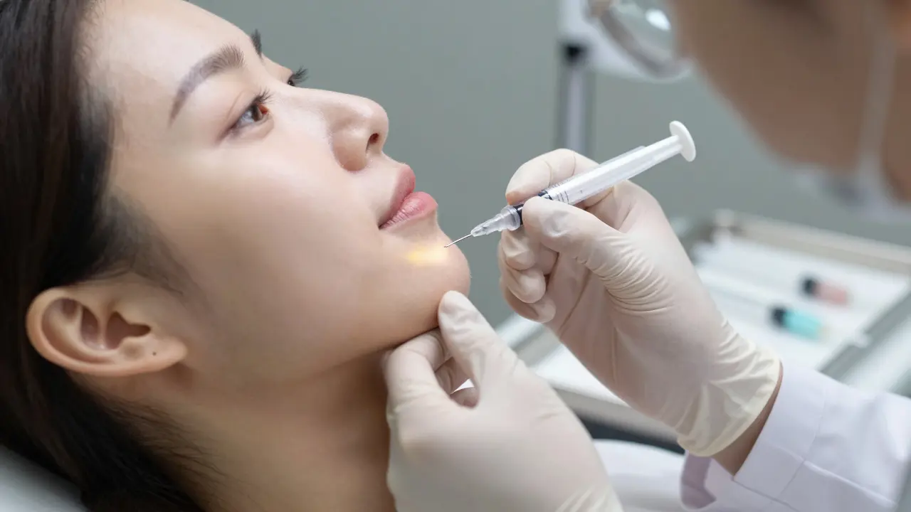 Ruce lékaře při jemné injekci na čelisti, s odrazem přirozeně zvýrazněného obličeje v zrcadle.