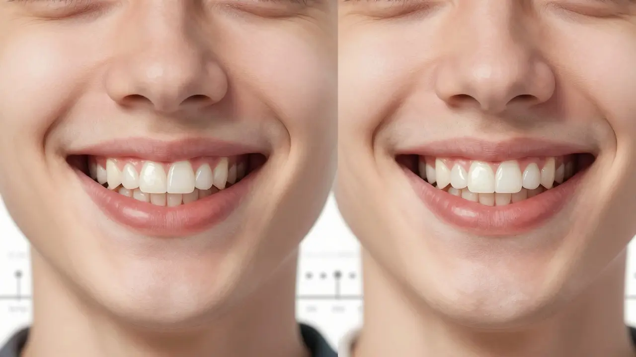 Side-by-side comparison of composite veneers after application and after 5 years with minor damage