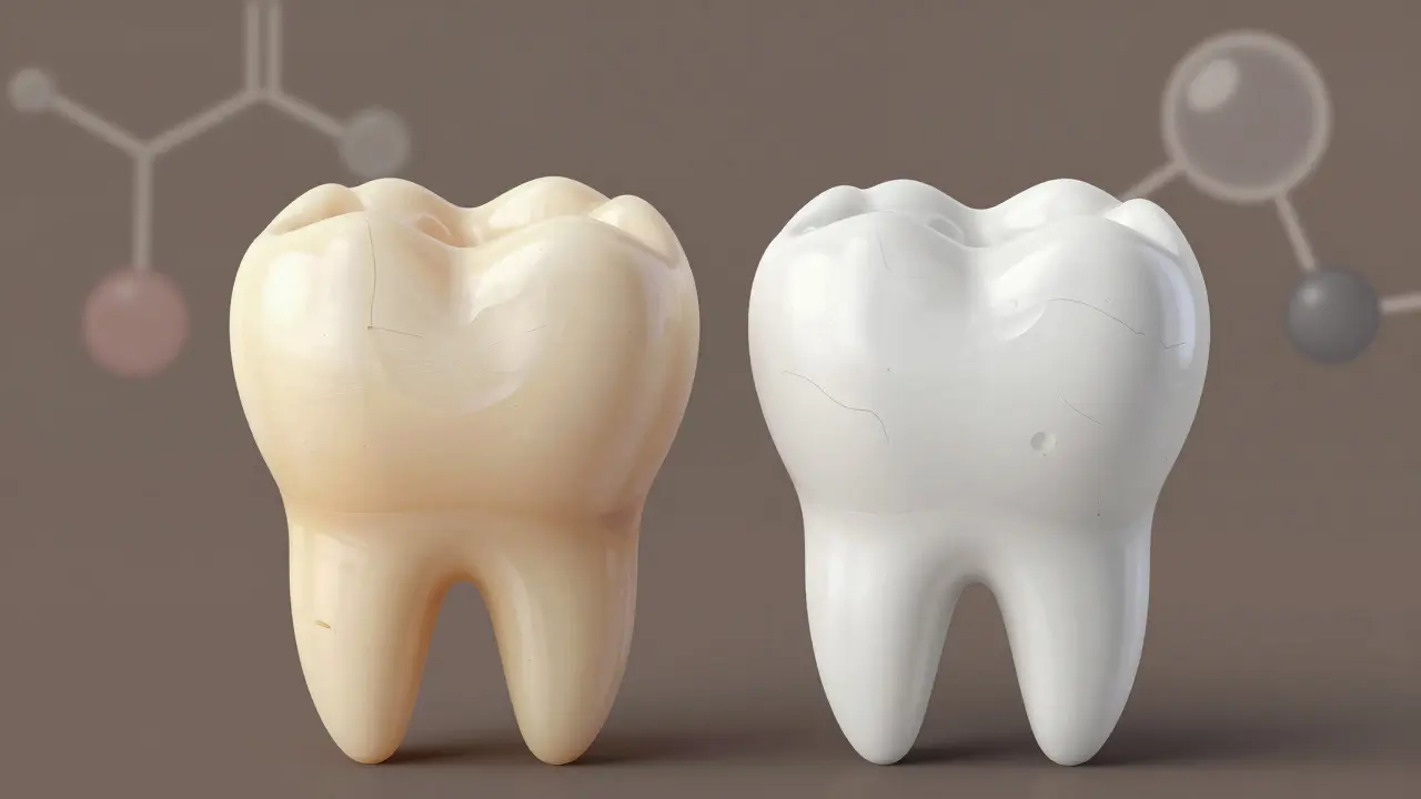 Side-by-side comparison of natural and over-whitened teeth showing enamel damage and micro-porosities