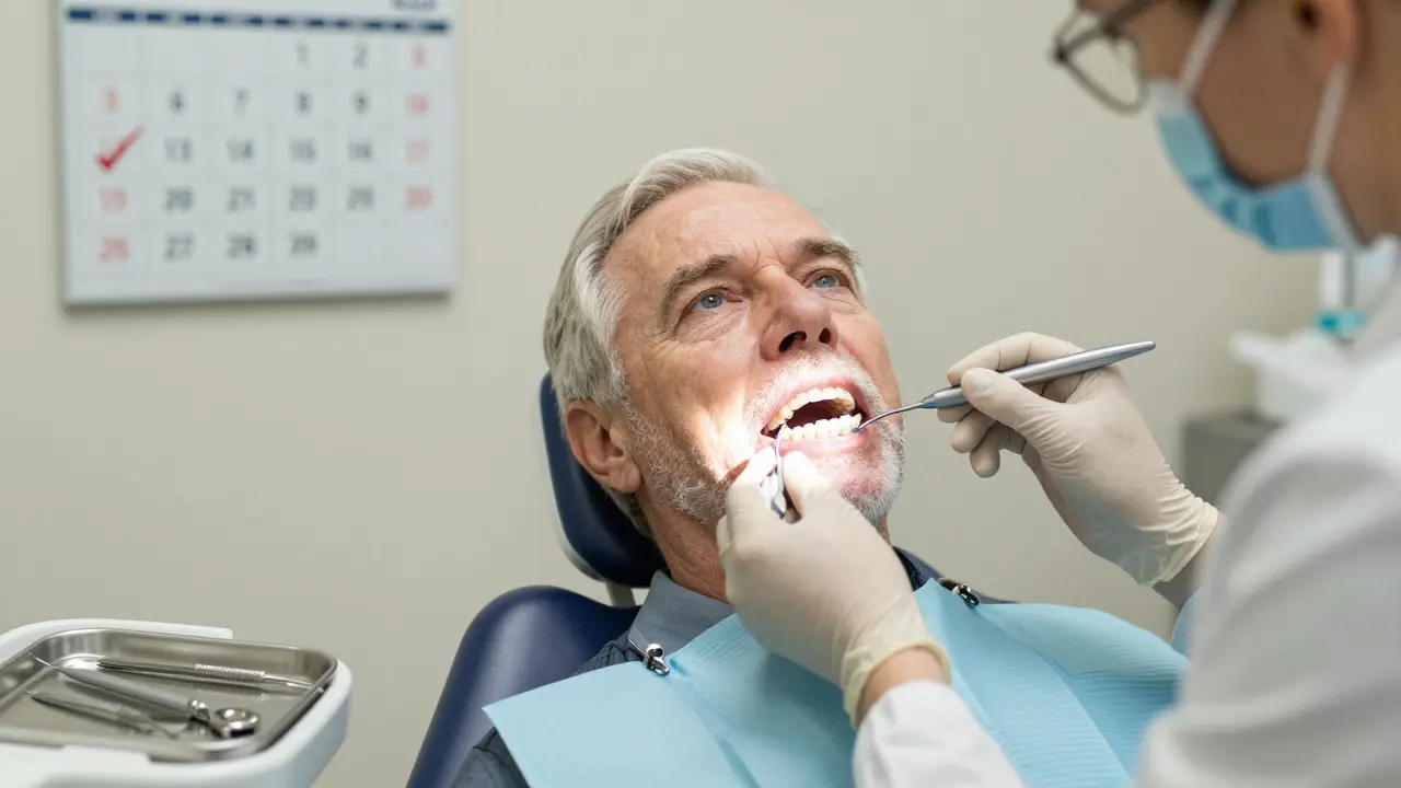 Starší muž si nechá čistit protezy u zubního hygienisty.
