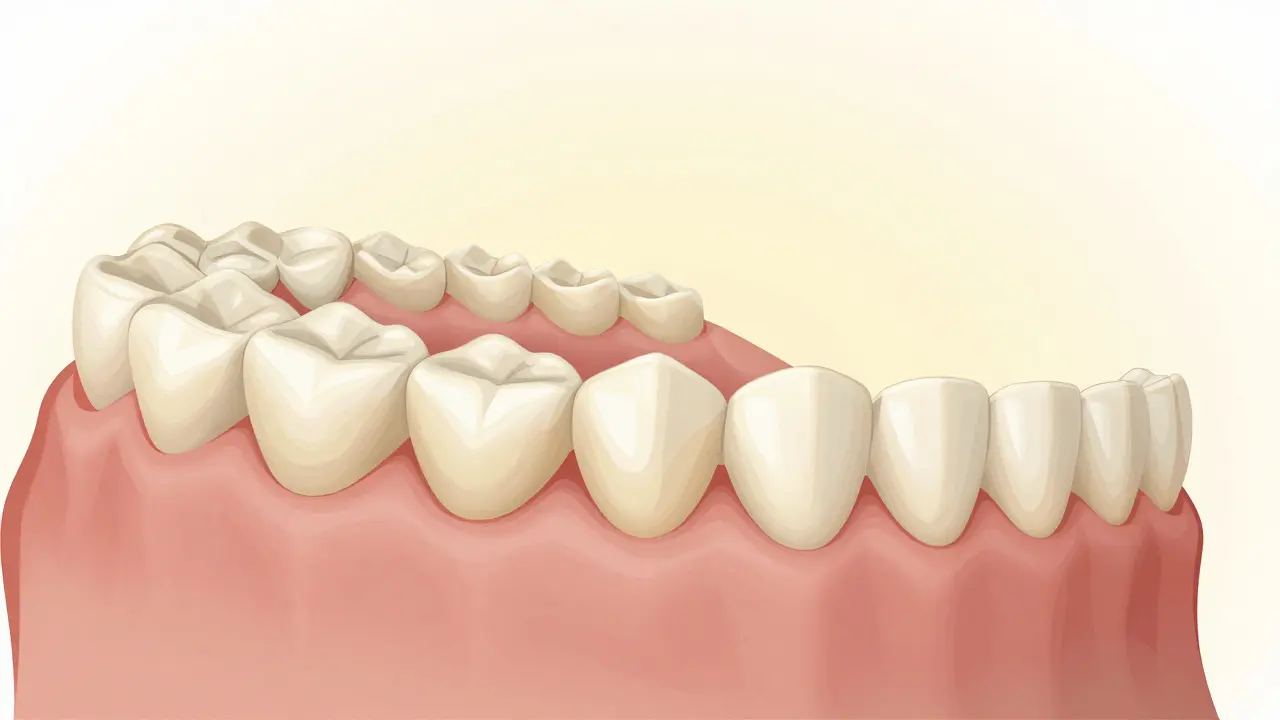 Struktura zubního oblouku s odlišnými typy zubů od řezáků po moláry.