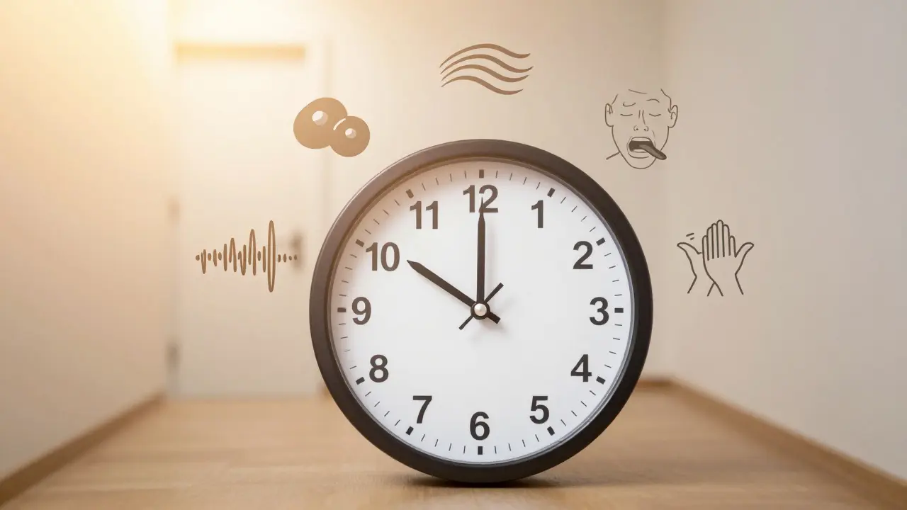 Symbolický obraz pěti příznaků rakoviny štítné žlázy a cesty k lékaři.