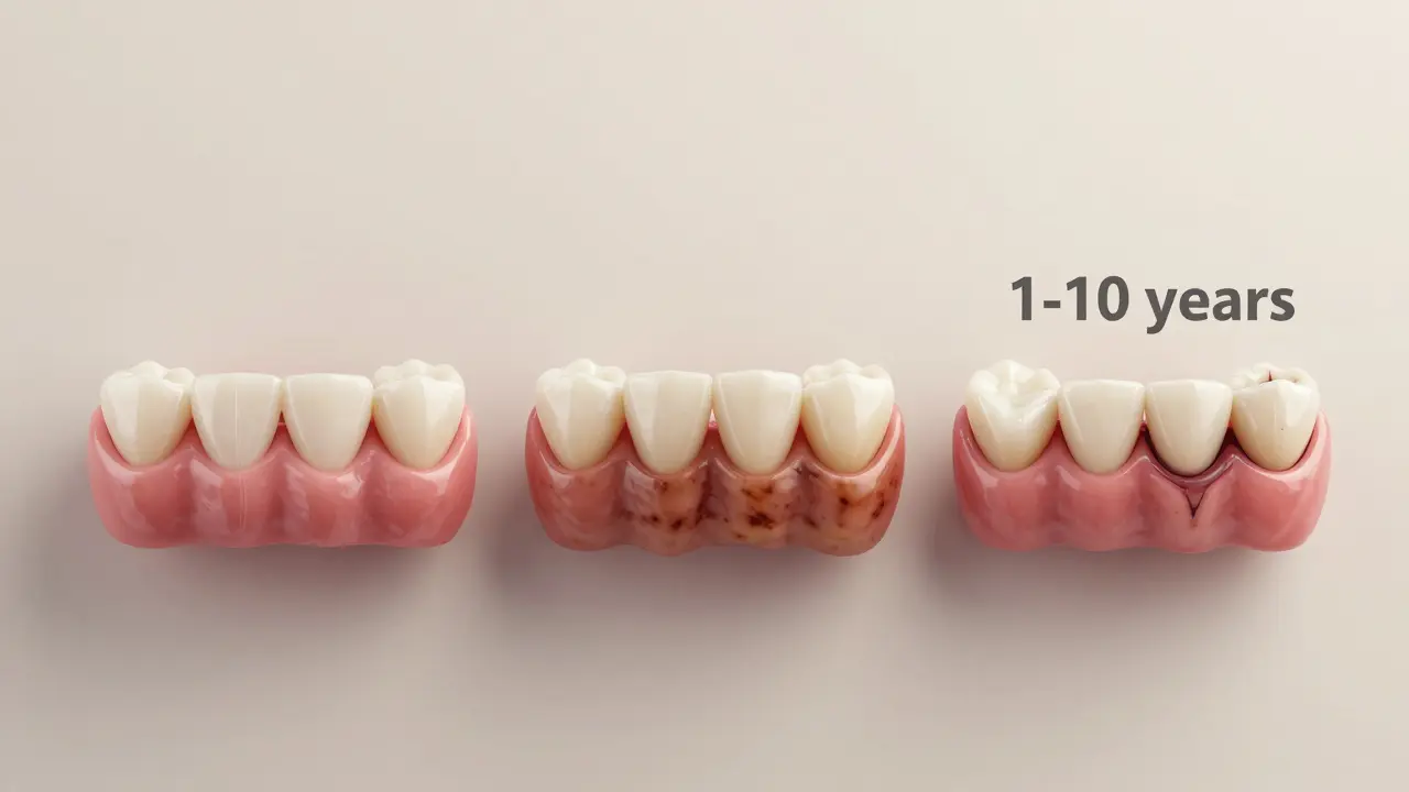 Timeline showing progression of untreated dental calculus from healthy gums to tooth loss over ten years.