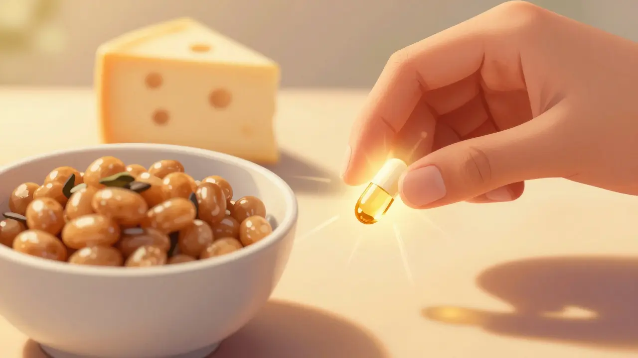 Vitamíny D3 a K2 v kapslích s natto a sýrem, světlo symbolizující jejich účinek na zdraví dásní.