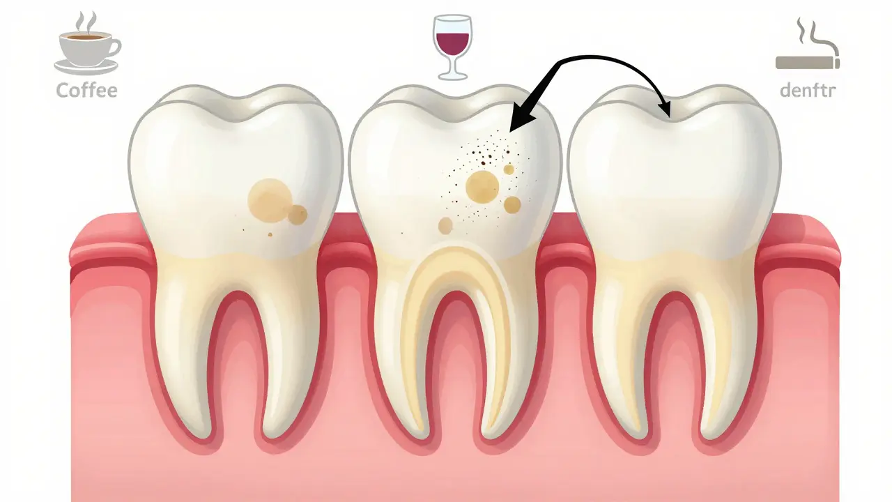 Vizualizace tří vrstev zubu: skvrny na emalí, žlutý dentin uvnitř a abrazivní částice odstraňující pouze povrchové nečistoty.
