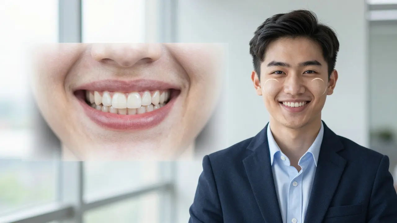 Young professional smiling with glowing outline on teeth, symbolizing composite veneer transformation