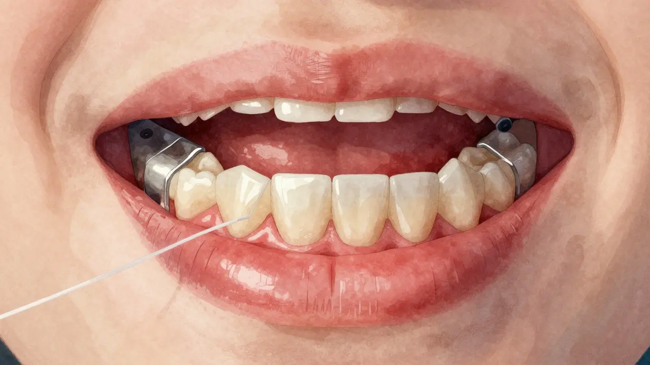 Zánět dásně kolem korunky s floss odstraňující plak mezi zuby.