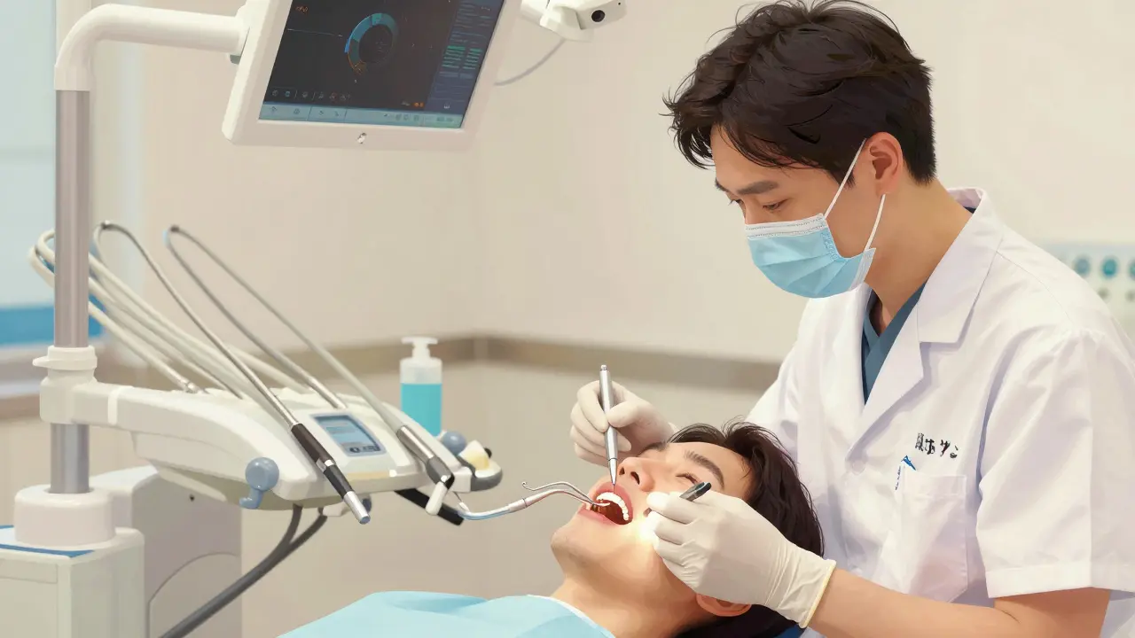 Zubní lékař a hygienistka spolupracují při ošetření pacienta.