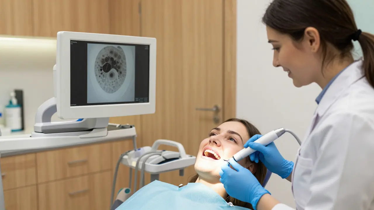 Zubní lékař aplikuje těsnění na čelistní zuby s pomocí laserového detektoru.