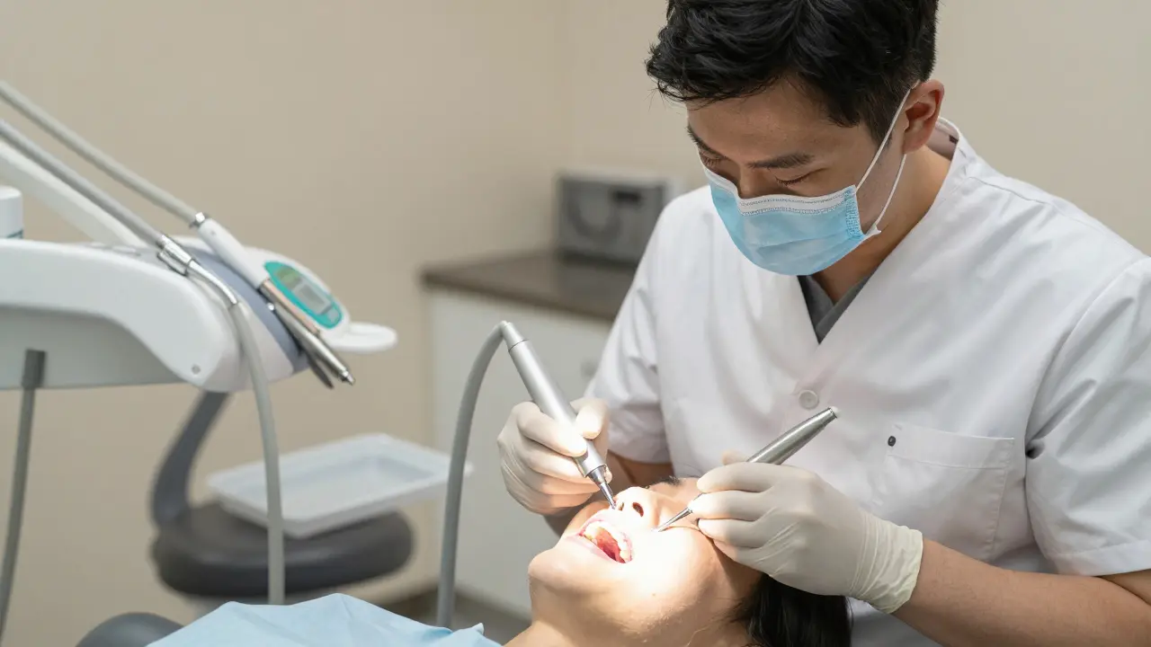 Zubní lékař odstraňuje zubní kámen pomocí ultrazvukového přístroje