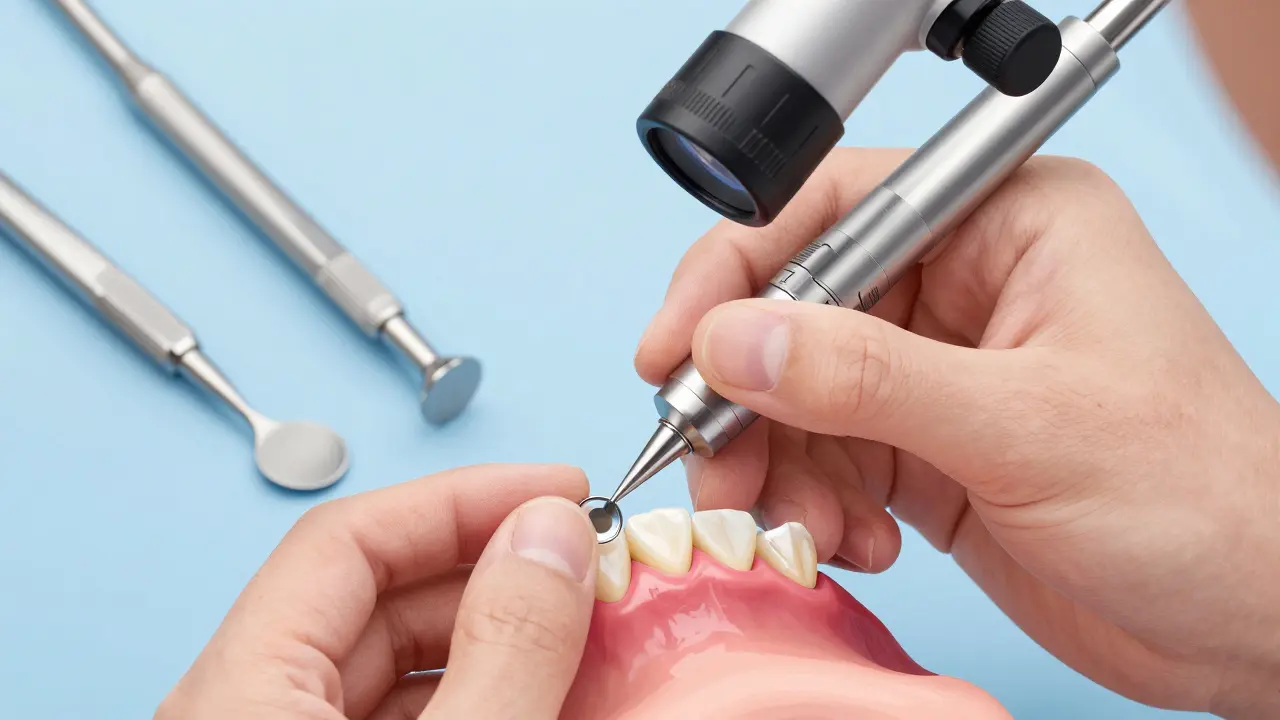 Zubní lékař připravuje zub pro fazetu s minimálním ořezáním