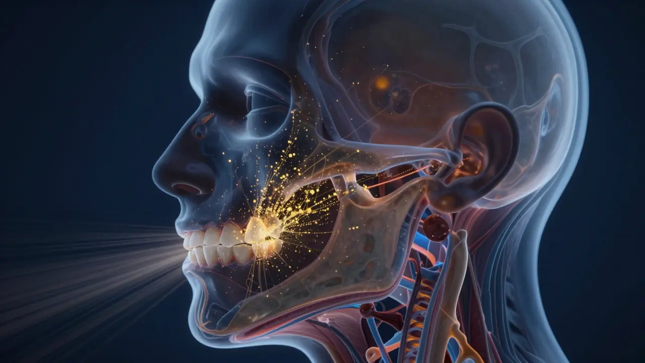Abstraktní vizualizace remodelace kostí kolem zubů během léčby.