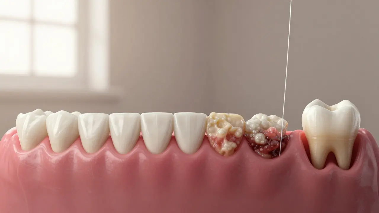 Časová osa ukazující postupný vývoj zubního plaku od zdravého ústního prostředí k zánětu a ztrátě zubu.