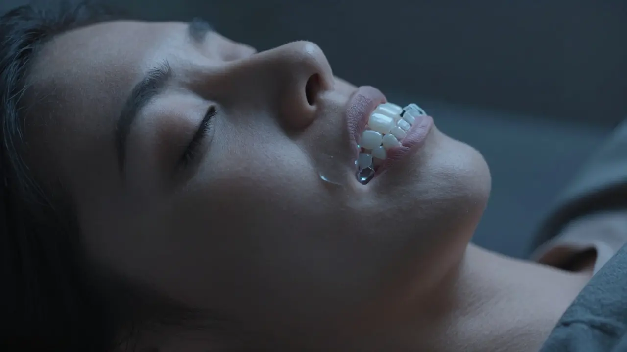 Člověk spí klidně, s uvolněnou čelistí a noční ochrannou deskou.