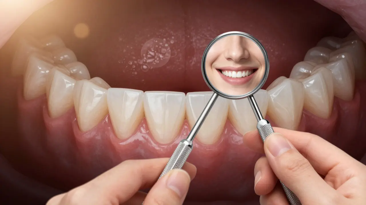 Dental mirror s překrývajícími se digitálními snímky struktury zubů a dásní.