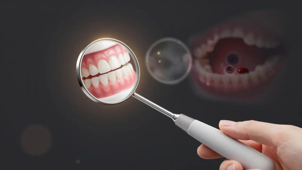 Dentální zrcátko jako symbol zdraví úst, odrazuje zdravé zuby a dásně, zatímco špatné stavy mizí v stínu.