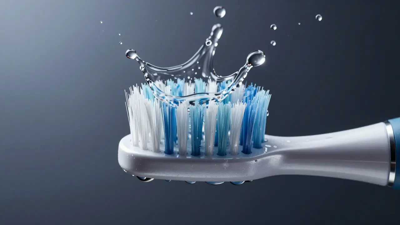 Detail sonického kartáčku s vodními kapkami při čištění zubů
