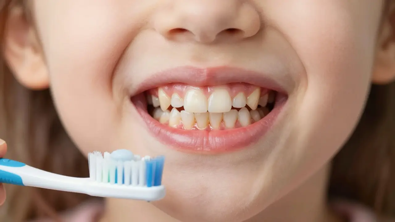 Detail zubního kamene na spodních řezácích u dásně s červenými, zánětlivými dásněmi.