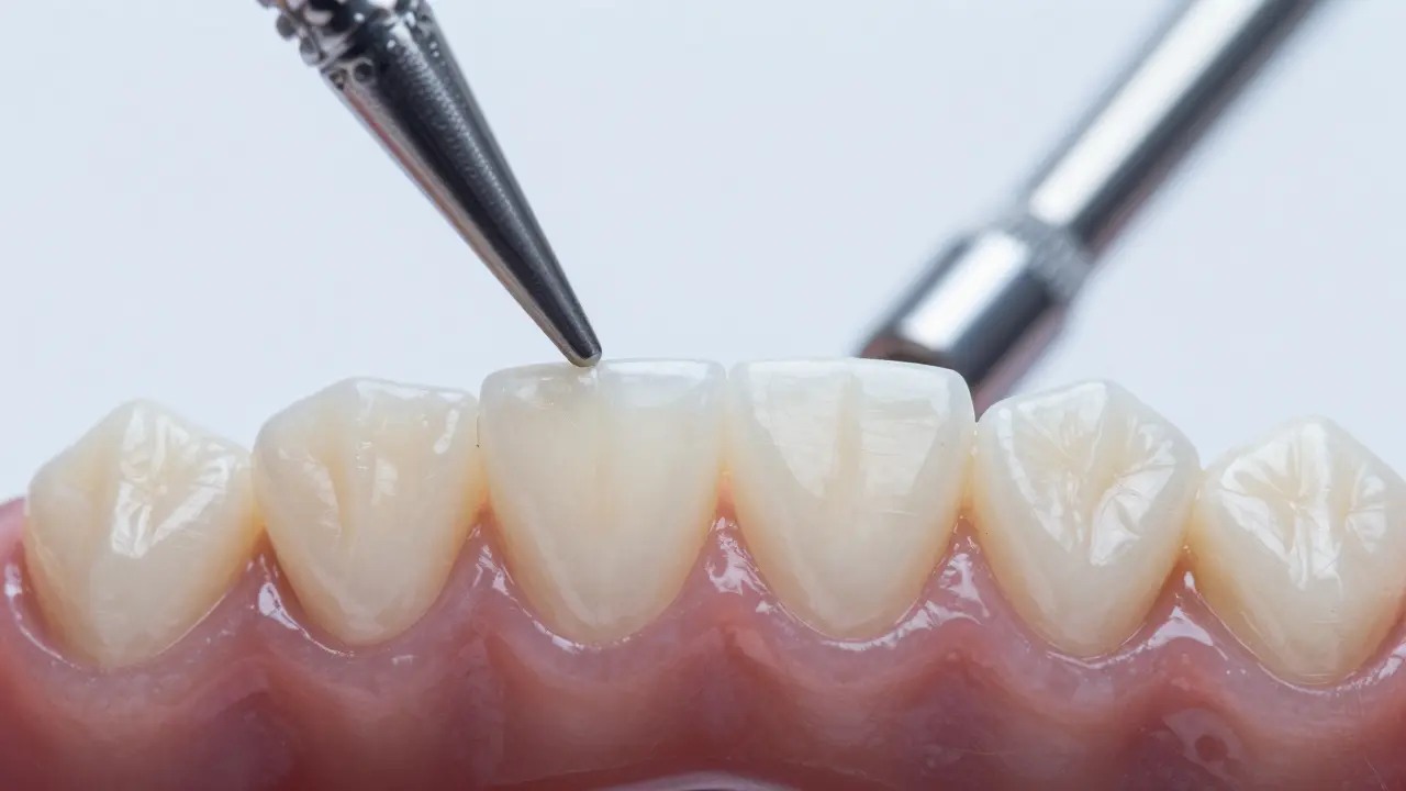 Detail zubů po úpravě sevření — hladké povrchy a dokonalý kontakt.