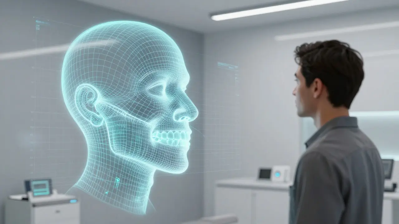 Digitální model tváře znázorňující budoucí změny po léčbě rovnátkami.