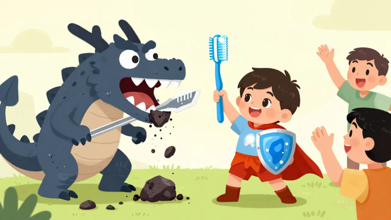 Dítě jako hrdina bojující proti zubnímu kamenu jako černému drakovi, s kartonovou zubní štětcí jako mečem.