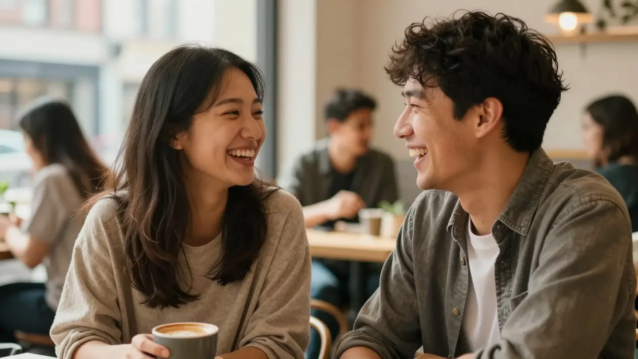 Dva přátelé se smějí společně v kavárně blízko sebe