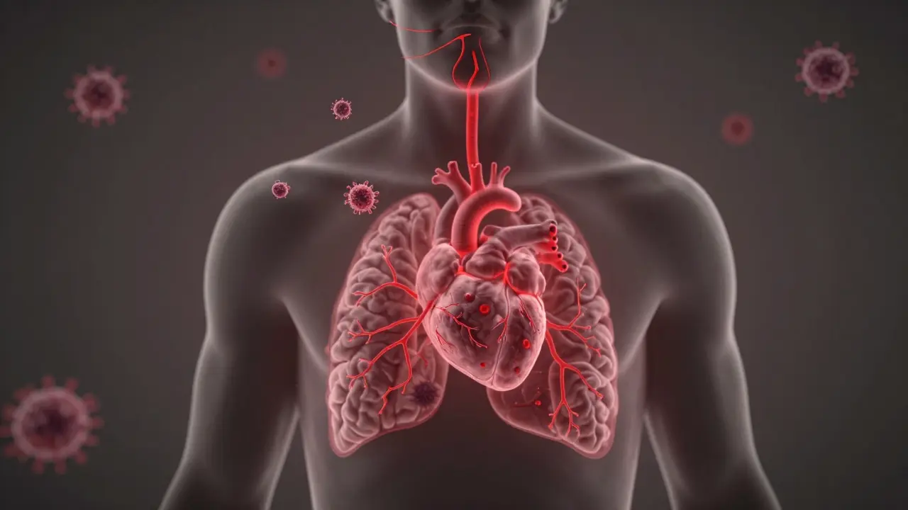 Human silhouette with bacteria spreading from mouth to vital organs, symbolizing systemic effects of gum disease.