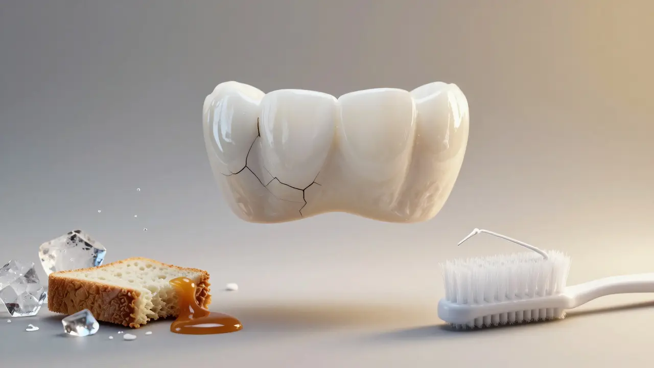 Keramická fazeta na jedné straně poškozená a matná, na druhé jasná a leskla, symbolizující důsledky péče a zanedbání.