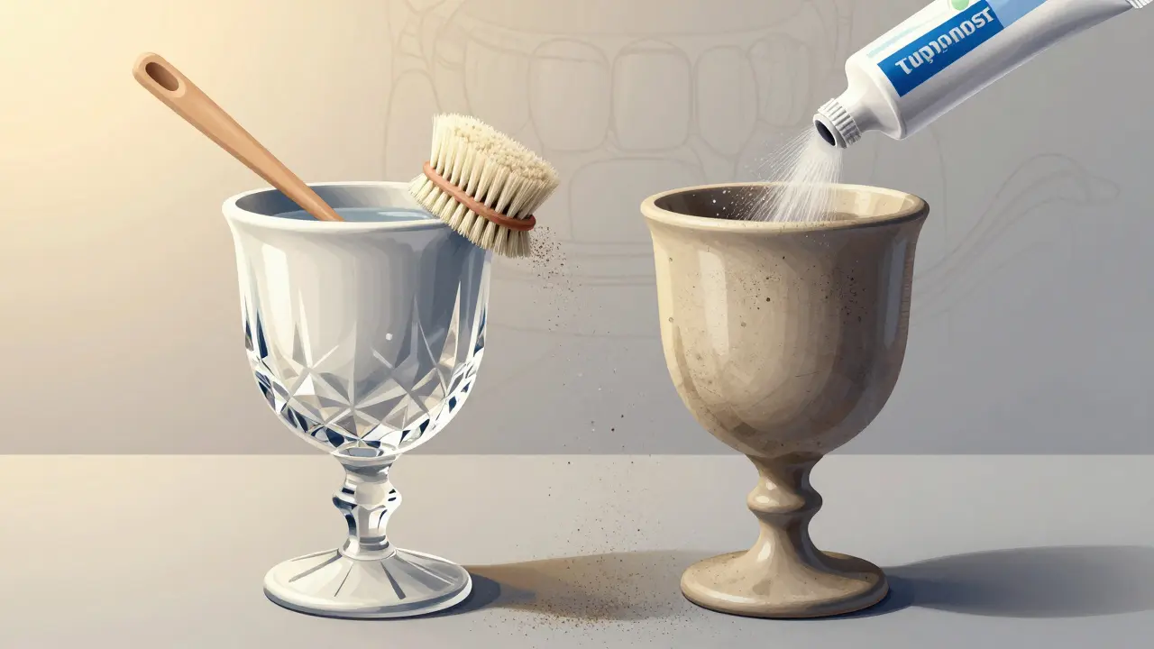 Křišťálový pohár připomínající keramickou onlay, jeden lesklý, druhý matný po poškození abrazivní pastou.