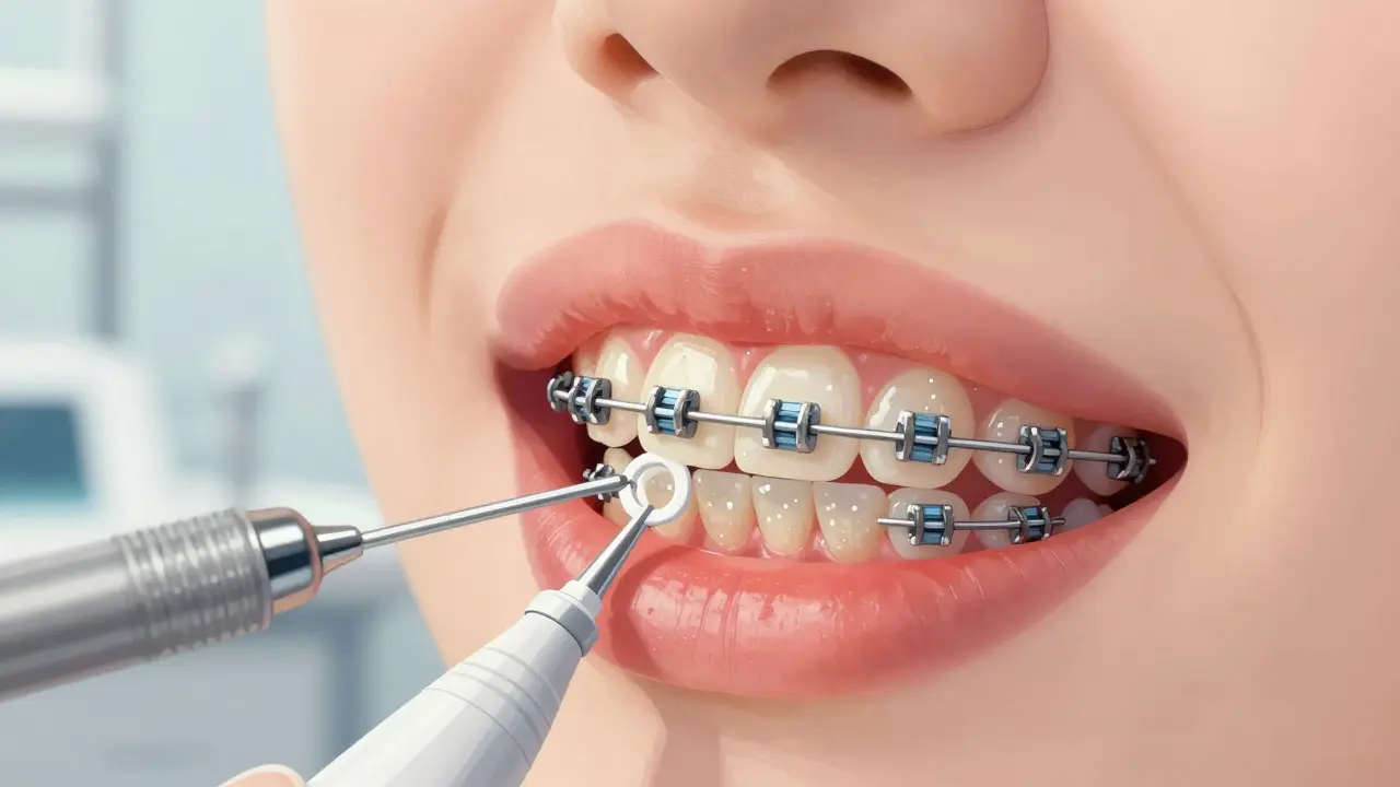 Křížový řez ústní dutiny s bílými skvrnami kolem rovnátek a aplikací fluoridového gelu zubním lékařem.