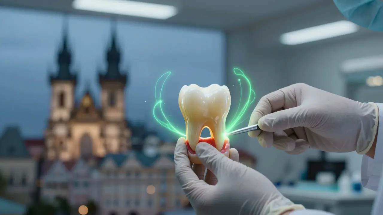 Lékař opatrně vkládá vytržený zub zpět do dásně, symbolizující úspěšné záchranění.