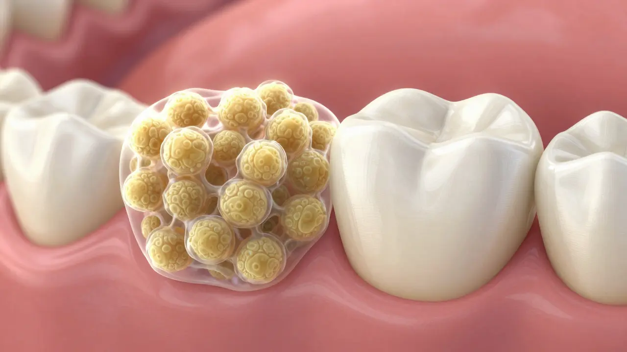 Mikroskopický pohled na zubní plak jako lepivý biologický film na povrchu zubů a dásní.