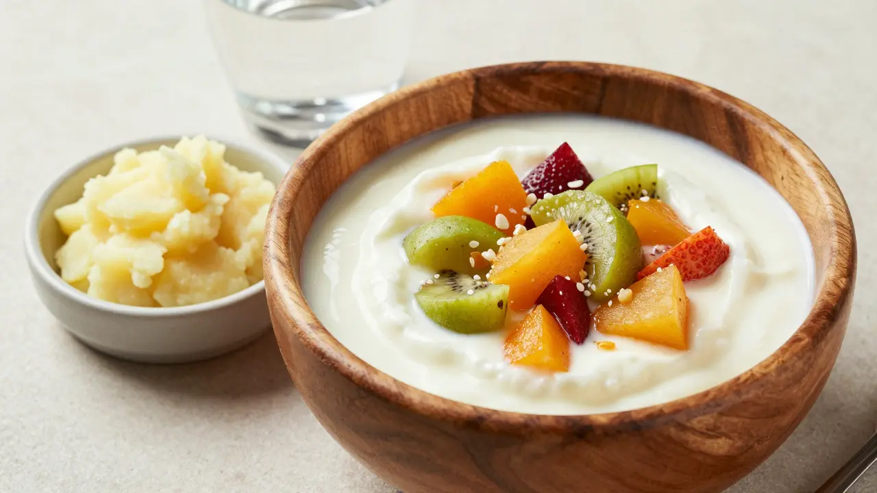 Miska s měkkou stravou jako jogurt a pyré pro podporu hojení