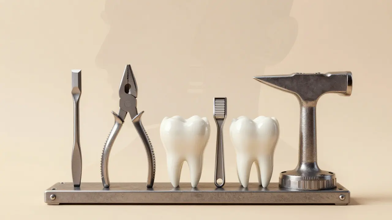 Nástroje v nástrojové skříňce symbolizující typy zubů: řezák, kleště, bruska a kovadlina, uspořádané podle polohy v čelisti.