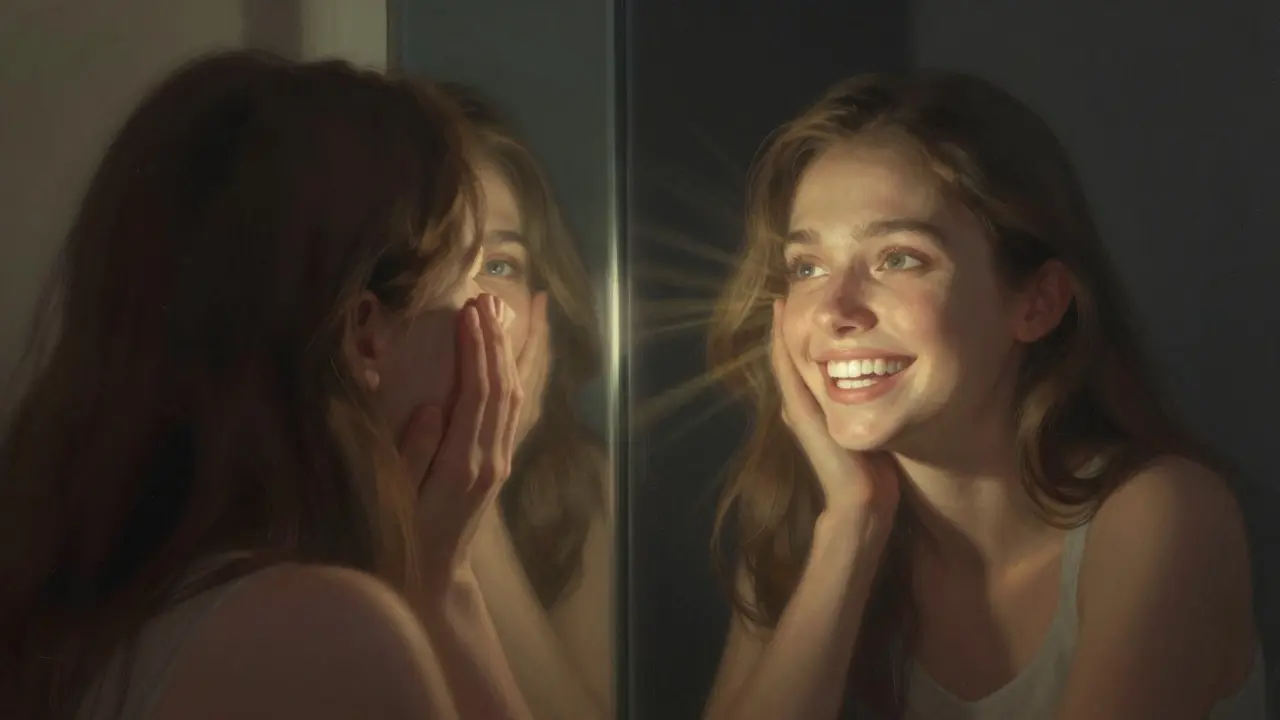 Odraz v zrcadle ukazuje dvě verze člověka: jednu s nejistotou a druhou s důvěřou a dokonalým úsměvem.