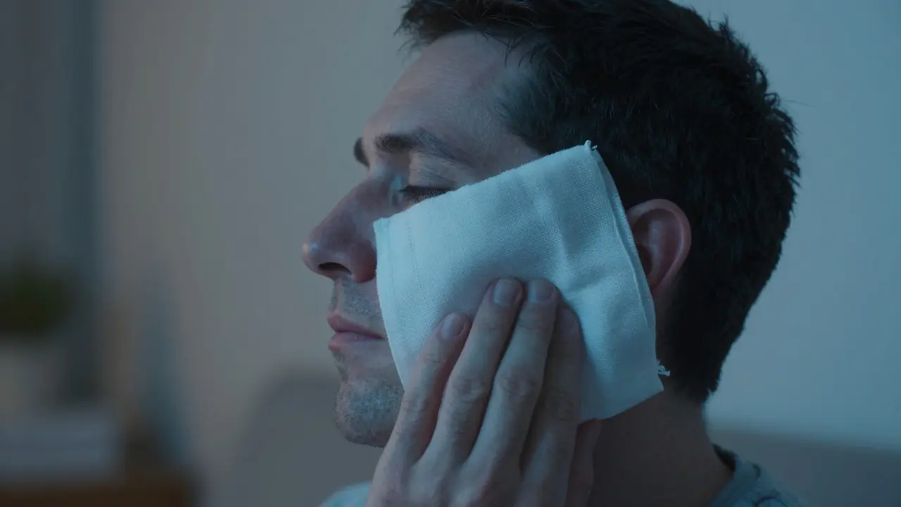 Osoba aplikuje chladný obklad na tvář při úlevě od bolesti